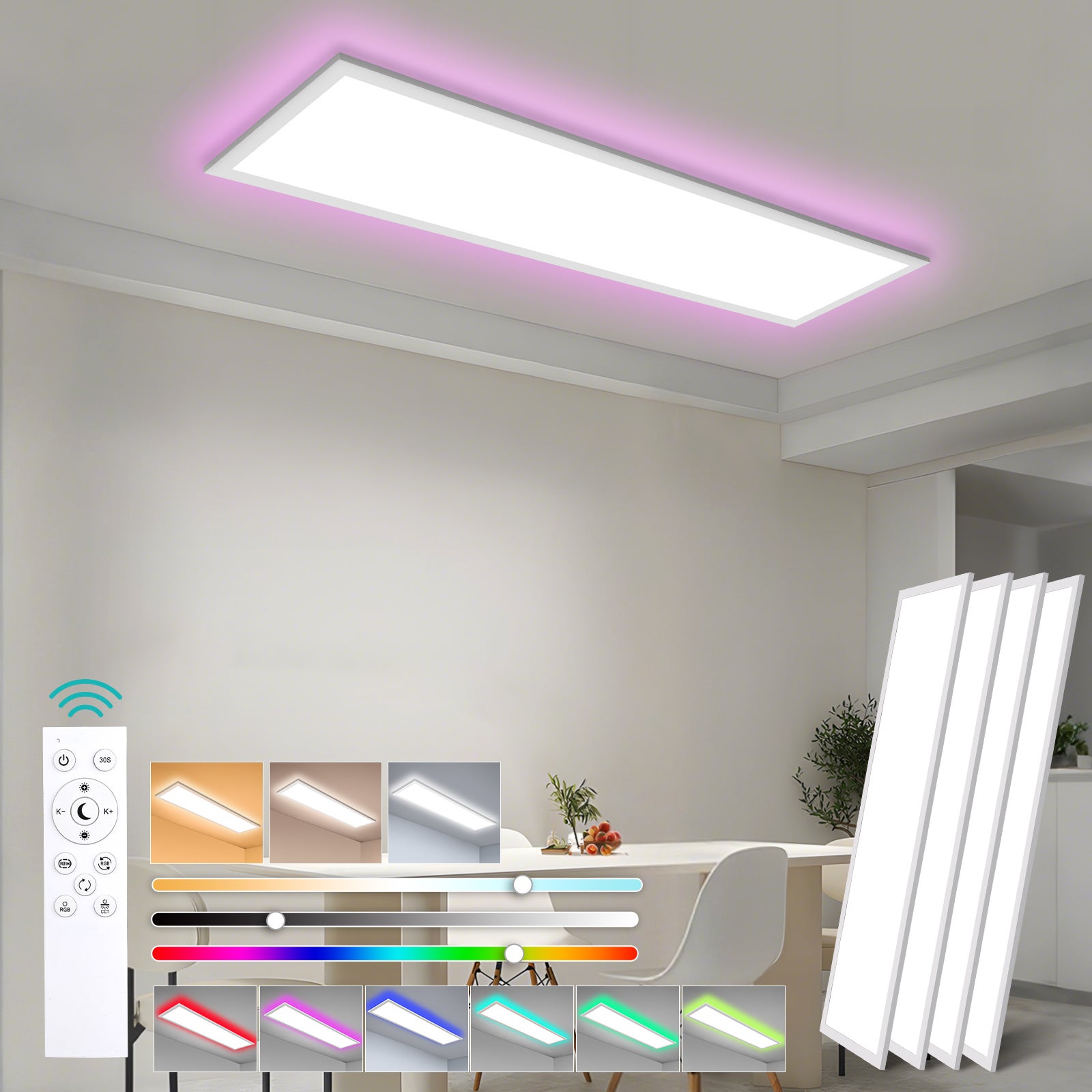 LOVHAUS 4PCS Lampa Sufitowa LED RGB Płaska 30W Biała, Panel LED Prostokątny 100x25 cm, Lampa Sufitowa Ściemniająca z Pilotem do Biura Kuchni