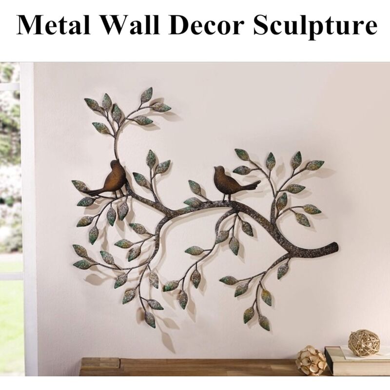 Oiseau Mural Art déco, Une Paire d'oiseaux d'amour sur Les Branches, Sculpture Murale en métal à Suspendre, décoration Murale en Fer forgé rétro - 3