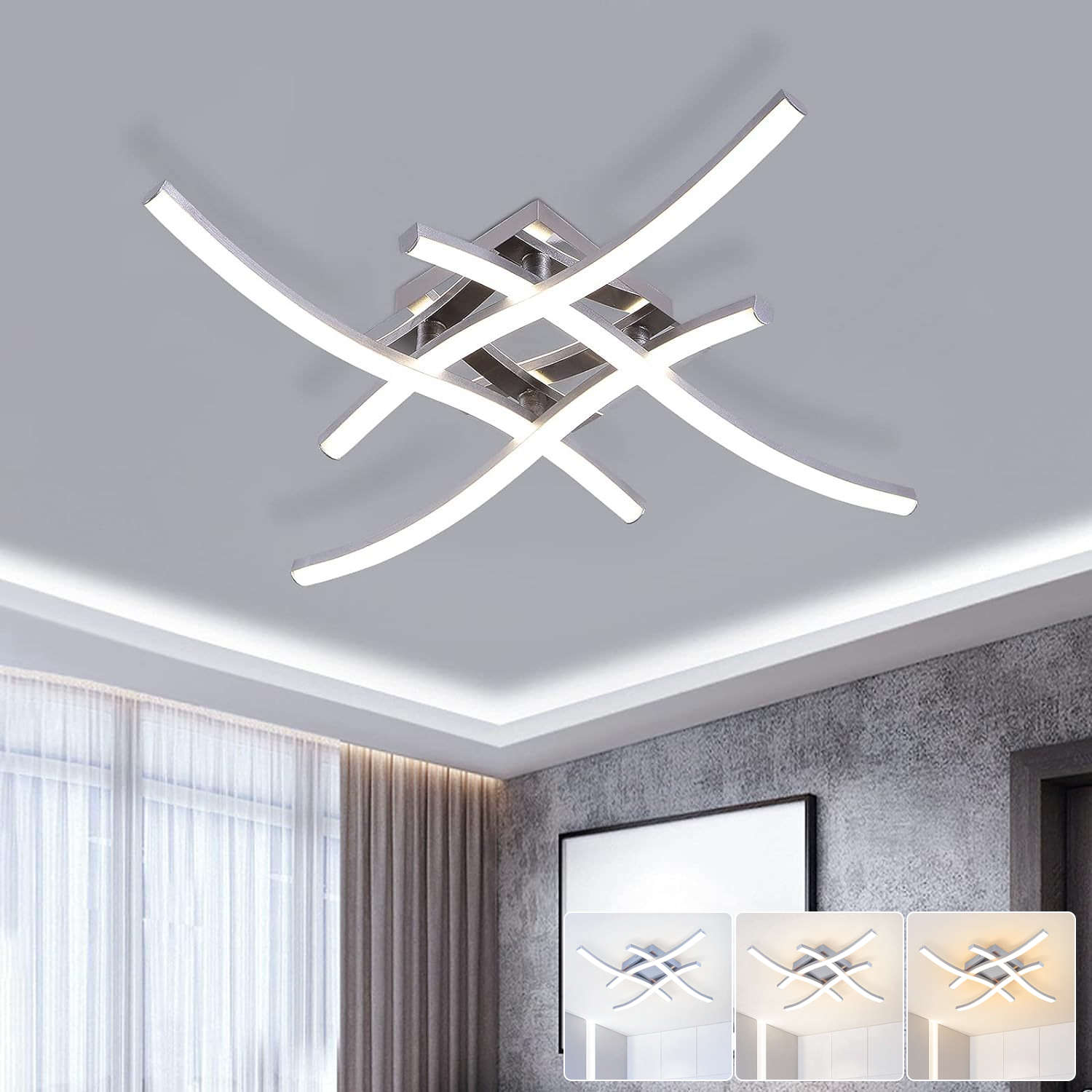 Lampa sufitowa LED, Żyrandol LED energooszczędny, Kinkiet ścienny o falistym designie, Nowoczesna lampa wisząca, 3 temperatury barwowe, 48 cm