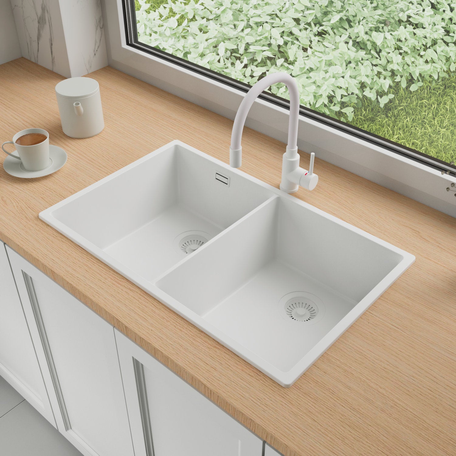 Zlewozmywak Granitowy 76x47cm, do szafki od 80cm + Bateria + Syfon - Agate Cały Biały STONESTYLE