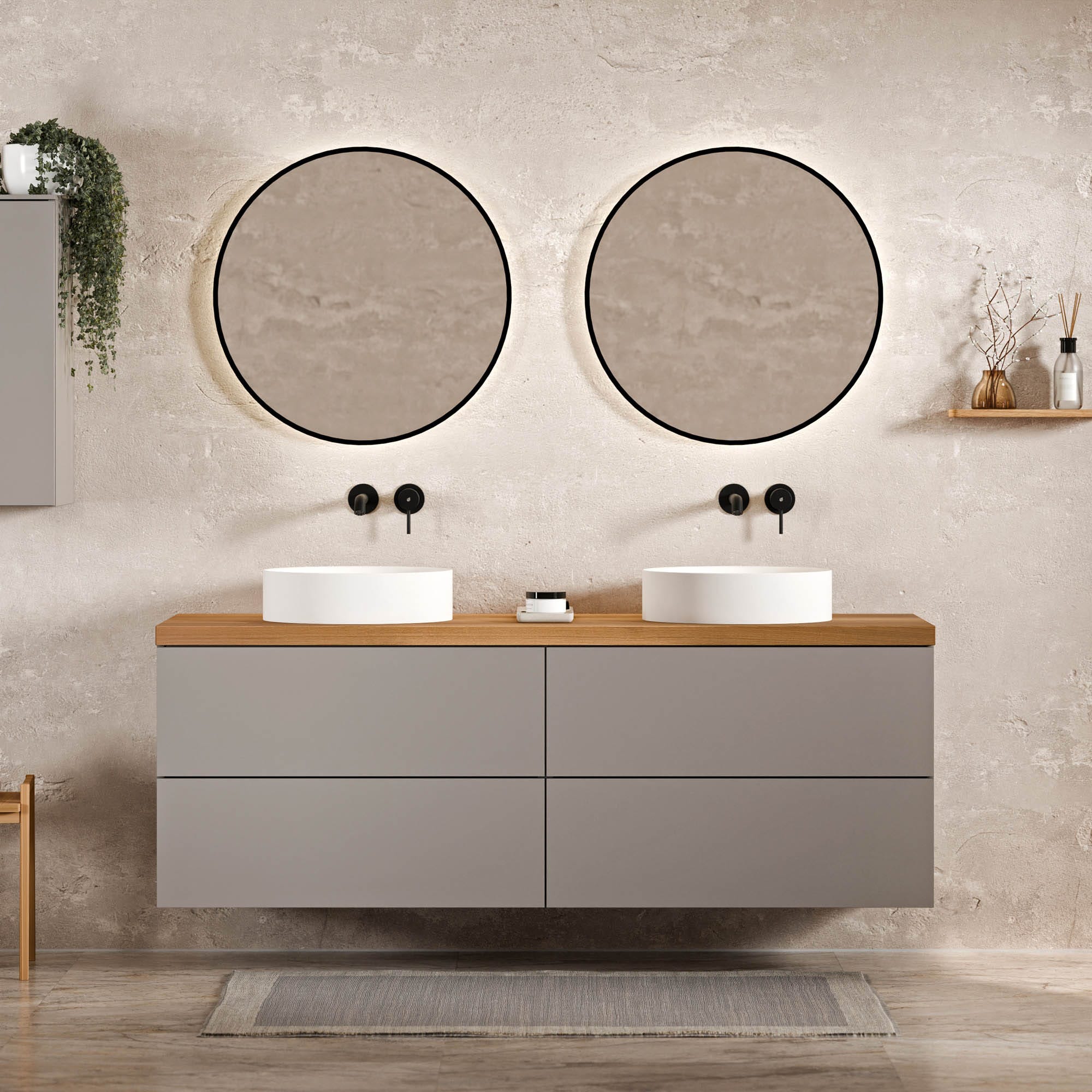 BERNSTEIN - Meuble sous vasque mural suspendu Gris mat en MDF + plan de ...