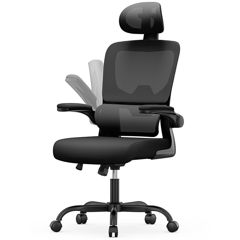 Ergonomiczny fotel biurowy - Fotel RATTANTREE - z podłokietnikiem składanym pod kątem 90° - Podparcie lędźwiowe - Regulowana wysokość Czarny