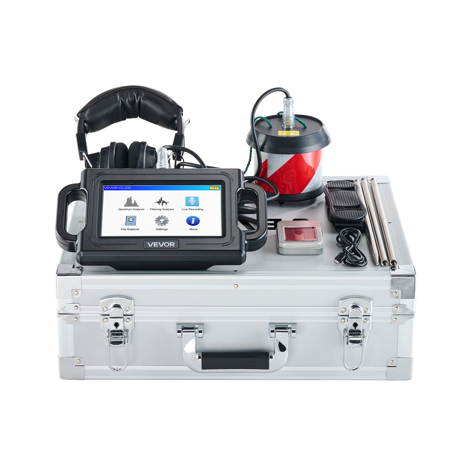 Detetor fugas água em tubagem subterrânea VEVOR, profundidade 2 m, 1-5000 Hz, ecrã LCD sensível ao toque, com sensor sensível, 3 sondas escuta - 9