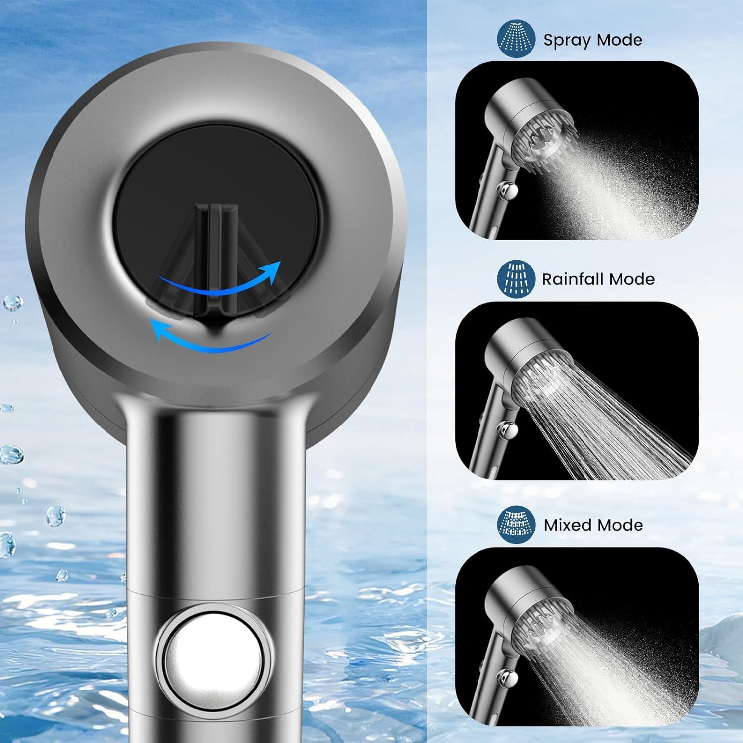 Un pommeau de douche filtrant avec douchette à main, trois modes de jet et un pommeau de douche haute pression à économie d'eau. - 3