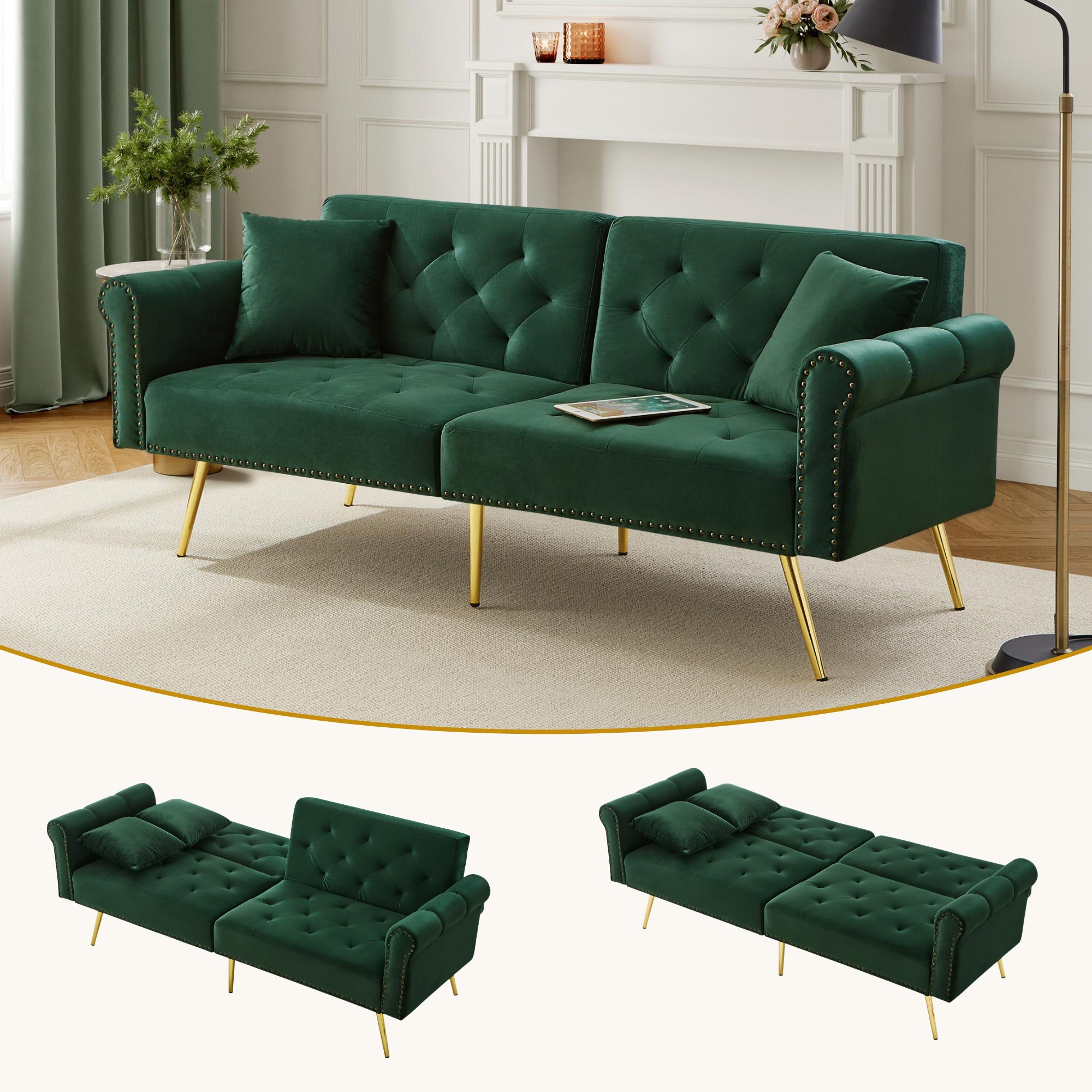 Divano letto a 2 posti in velluto - 173 x 75 x 70 cm - Gambe in metallo dorato - con funzione sleep - Verde antico - 2