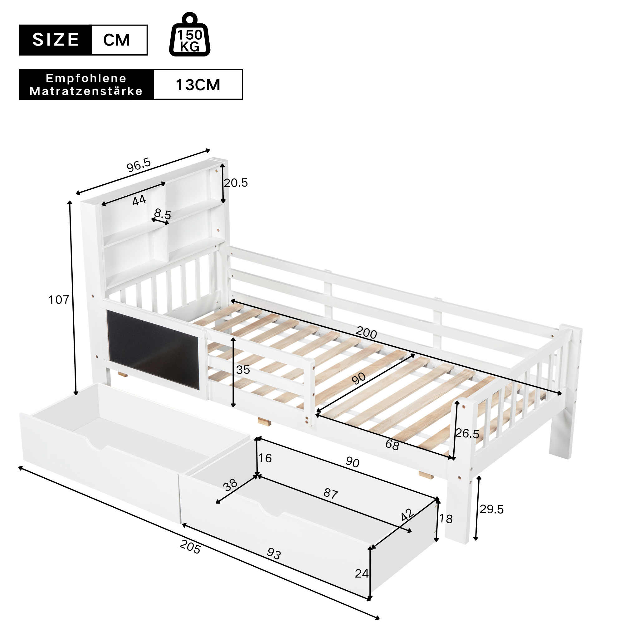 Łóżko dziecięce 90 x 200 cm z zagłówkiem i barierkami - 2 szuflady i półki - Drewno lite + MDF - Kolor biały (materac nie jest wliczony w cenę) - 6