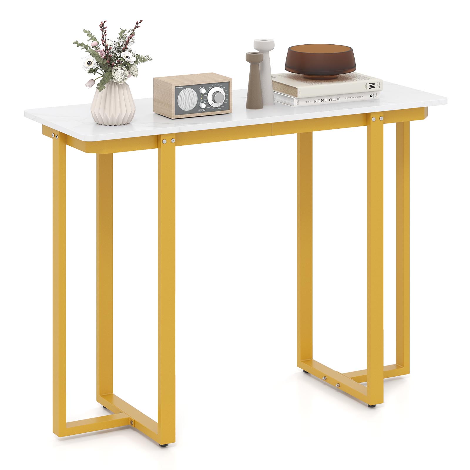 Stolik konsolowy wąski, nowoczesny stół wejściowy o wyglądzie marmuru i metalową ramą, stolik kawowy do salonu,107 x 40 x 79,5 cm (złoty i biały)