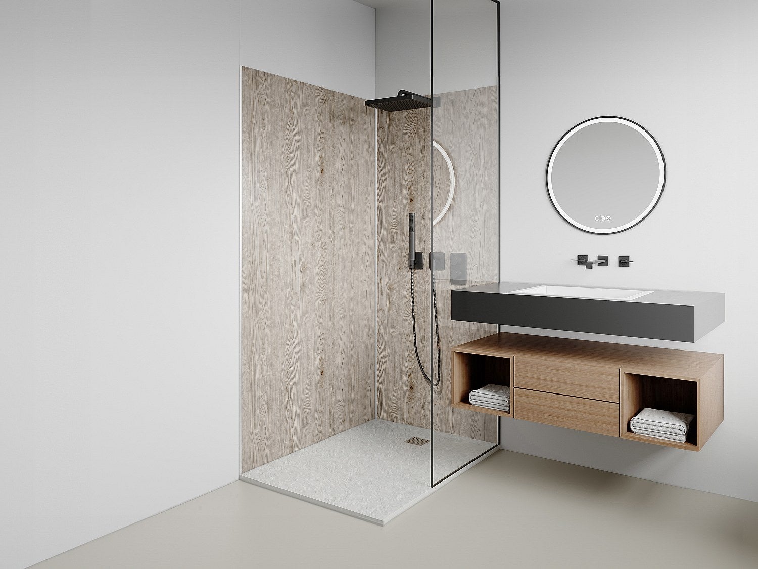 Zestaw 2 paneli ściennych aluminiowych pod prysznic z efektem jasnego drewna z profilami - szer. 90 x szer. 120 x wys. 210 cm - ENEKO