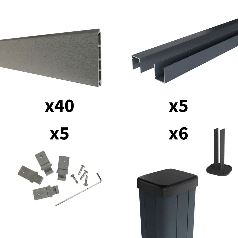 Kit Clôture Composite sur Muret RIO Platine 9x1,2m - Bois composite & Aluminium - Poteaux sur Platines Gris - Brise vue - 3