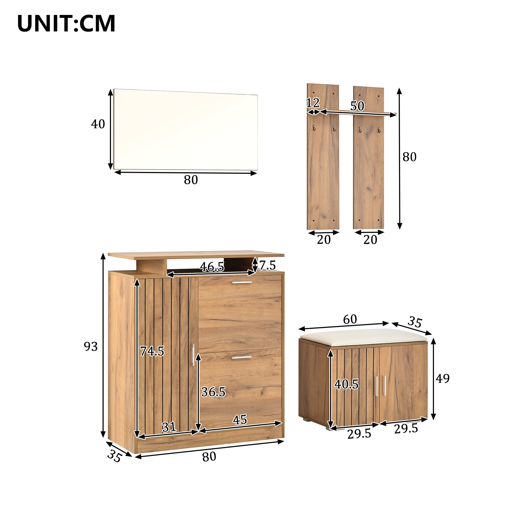 Set de meuble d'entrée, penderie murale avec banc à chaussures, miroir et 5 portes, naturel, 140×35×133 cm - 3