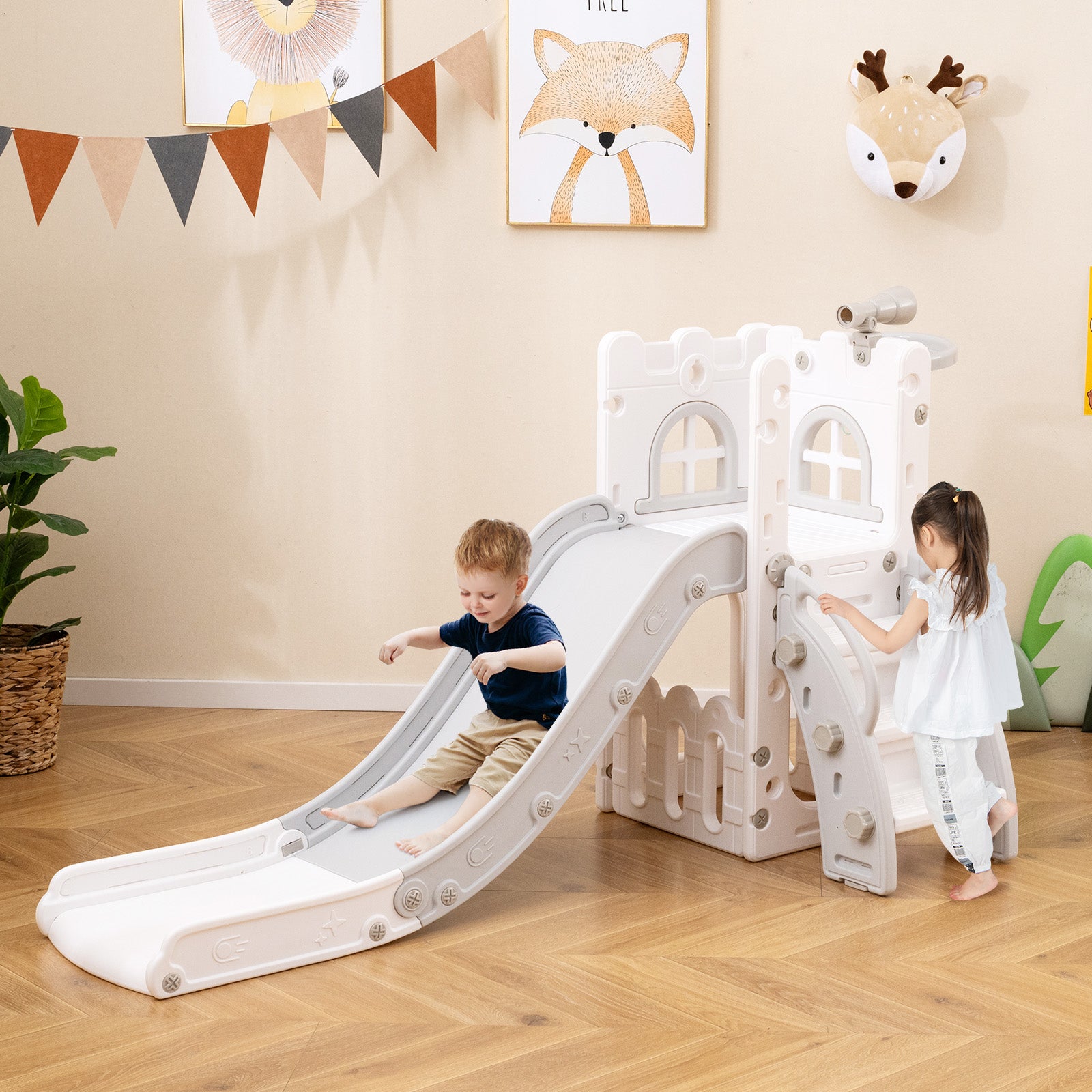 6 en 1 Toboggan Enfant en HDPE avec Panier de Basket & Télescope, Aire de Jeux Intérieure avec Échelle & Espace de Rangement, Blanc+Gris, pour 1 Ans+ - 2