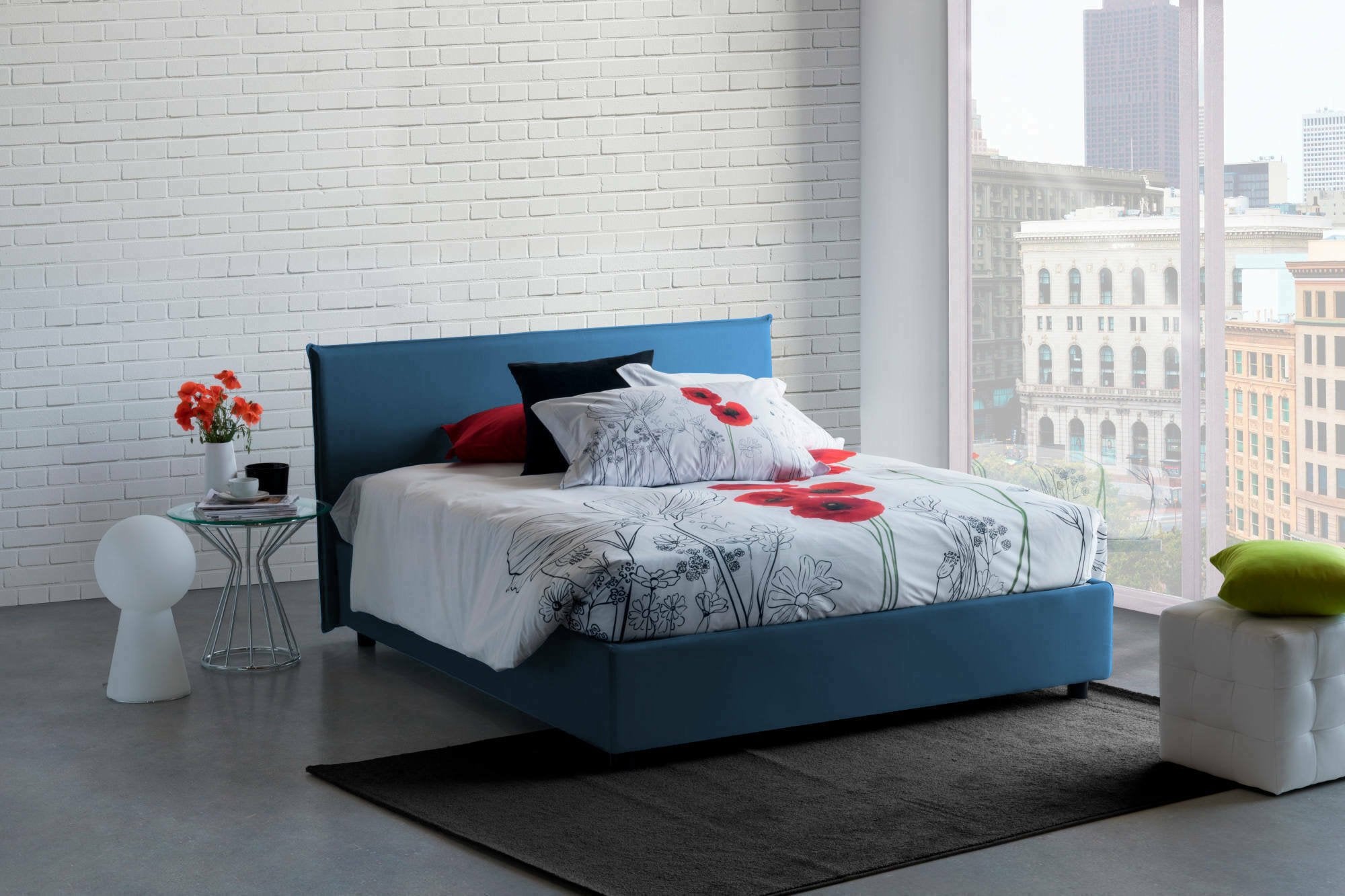 Lit double Ashlee, Lit coffre avec revêtement en tissu, 100% Made in Italy, Ouverture frontale, adapté pour matelas 160x190 cm, Bleu - 2