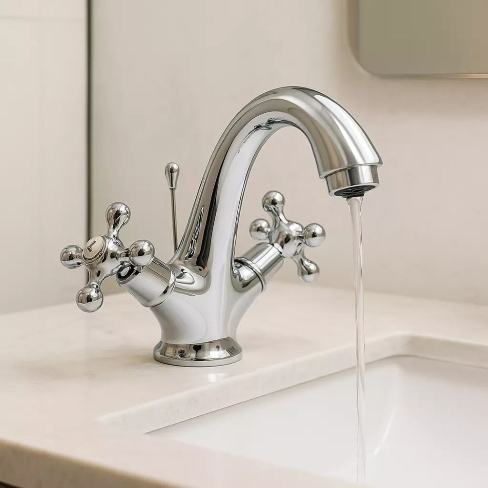 Rubinetto Miscelatore cucina bagno lavabo vasca due manopole in acciaio cromato comprensivo di piletta kit installazione 16.5 CM Maka - 8