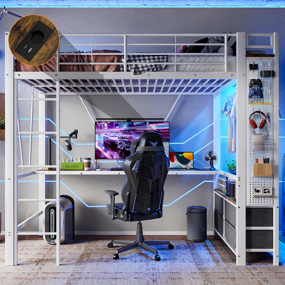 Łóżko piętrowe 90 x 200 cm, żelazna konstrukcja, z biurkiem, drążkiem na ubrania, półkami, szufladami, gniazdkami USB + Type-C, paskiem LED, białe
