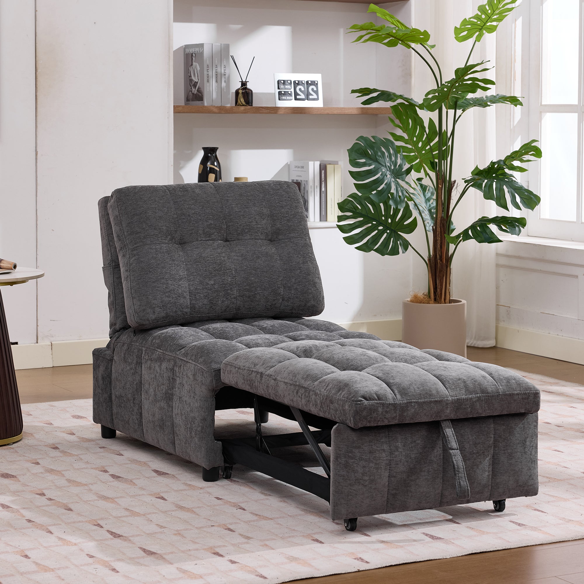 Sofa 1-osobowa rozkładana z regulowanym oparciem, rozkładana - 68 x 95 x 76 cm - tkanina szenilowa - szara