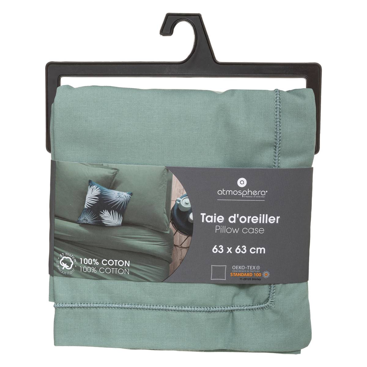 Taie d'oreiller en coton - vert céladon 63x63 cm - Atmosphera créateur d'intérieur - 8