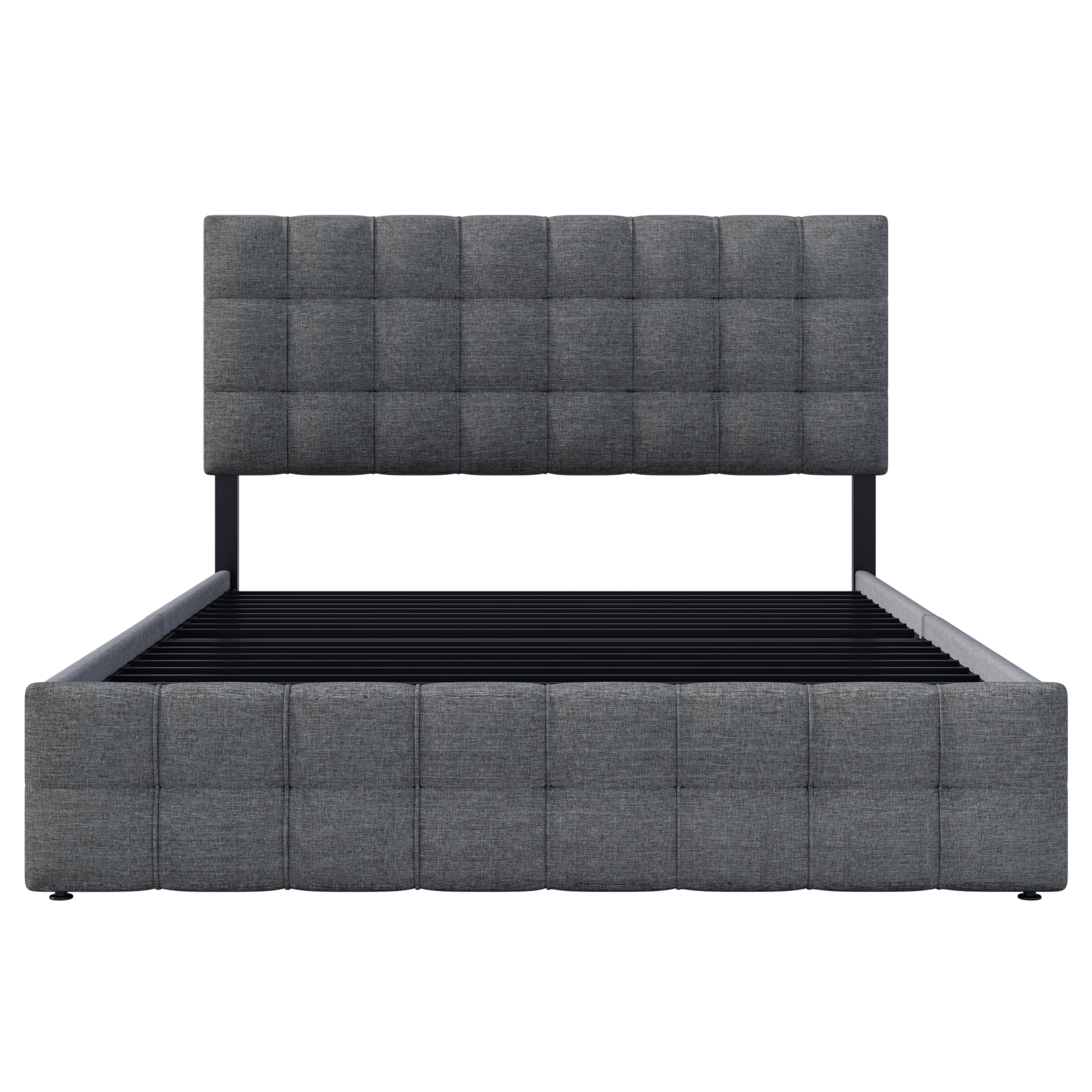 Cama estofada em linho com 4 gavetas - cabeceira ajustável + base metálica - 140x200cm - Cinza - 4