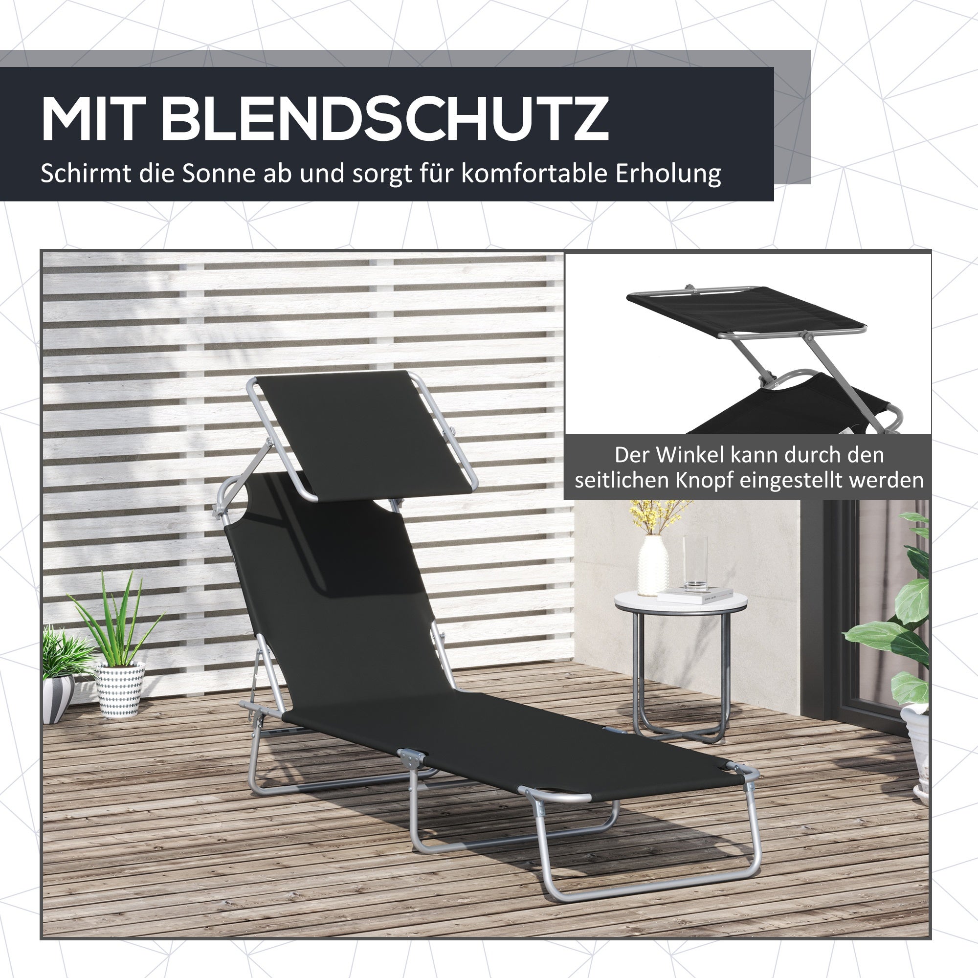 Transat de jardin pliable avec pare-soleil, idéal pour la terrasse et le balcon，dimensions 187x58x36 cm, couleur noir - 5