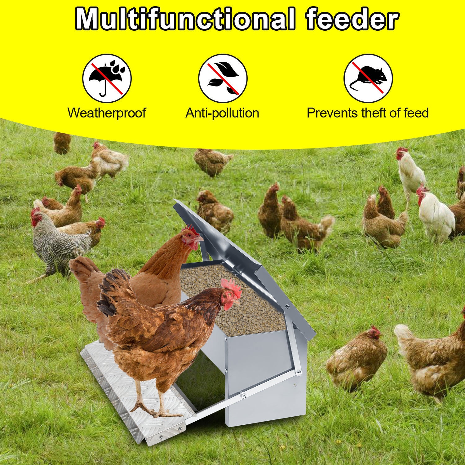 Mangeoire poules automatique 5KG – Distributeur en acier galvanisé avec pédale auto-ouverte et couvercle étanche pour volailles - 3
