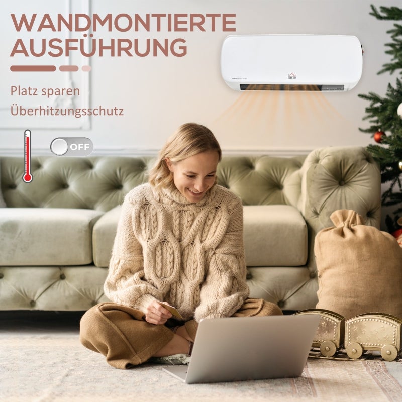 Ceramiczny termowentylator ścienny 2000 W z pilotem, 2 tryby grzania, wyświetlacz LED i timer, energooszczędny - 7