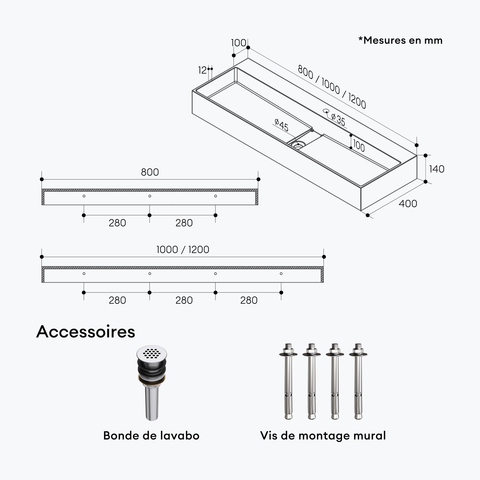 Mai & Mai Lavabo Suspendu Vasque à Poser Gris Noir Mat 100x40x14cm Évier Lave Mains Salle de Bain avec Cache Bonde Col6028 - 7