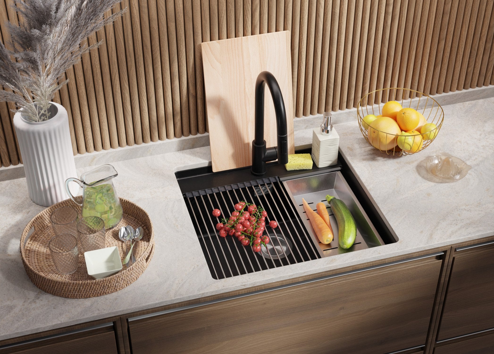 Lavandino sottotop Tutto Nero 56x53cm, Lavello in Granito a 1 vasca + Sifone Classico + Accessori, Lavabo da Cucina al mobile 60cm - Bergen PRIMAGRAN - 2