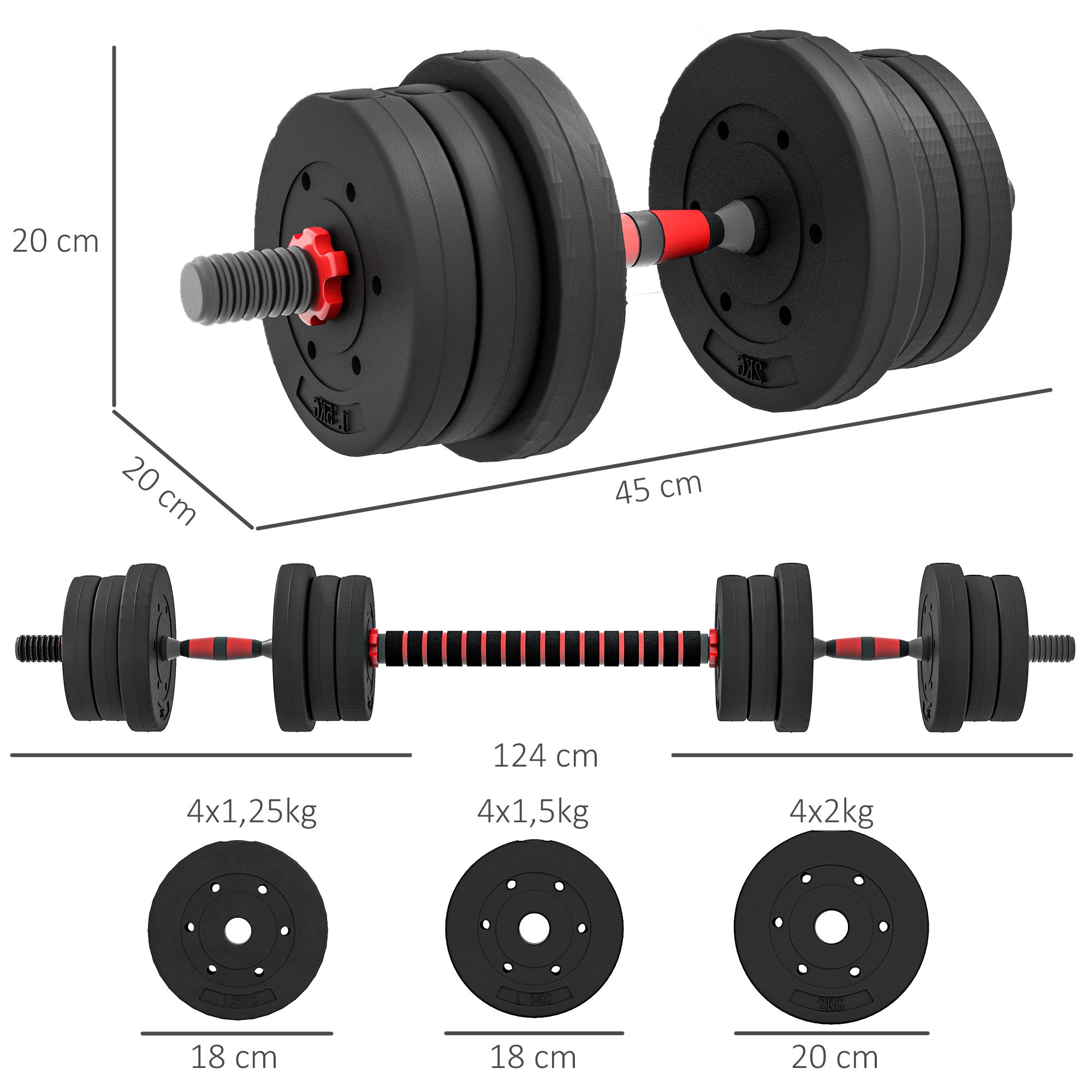 Conjunto Halteres 20kg 2 em 1 com Barras de Conexão - Musculação Casa/Ginásio Preto - 2