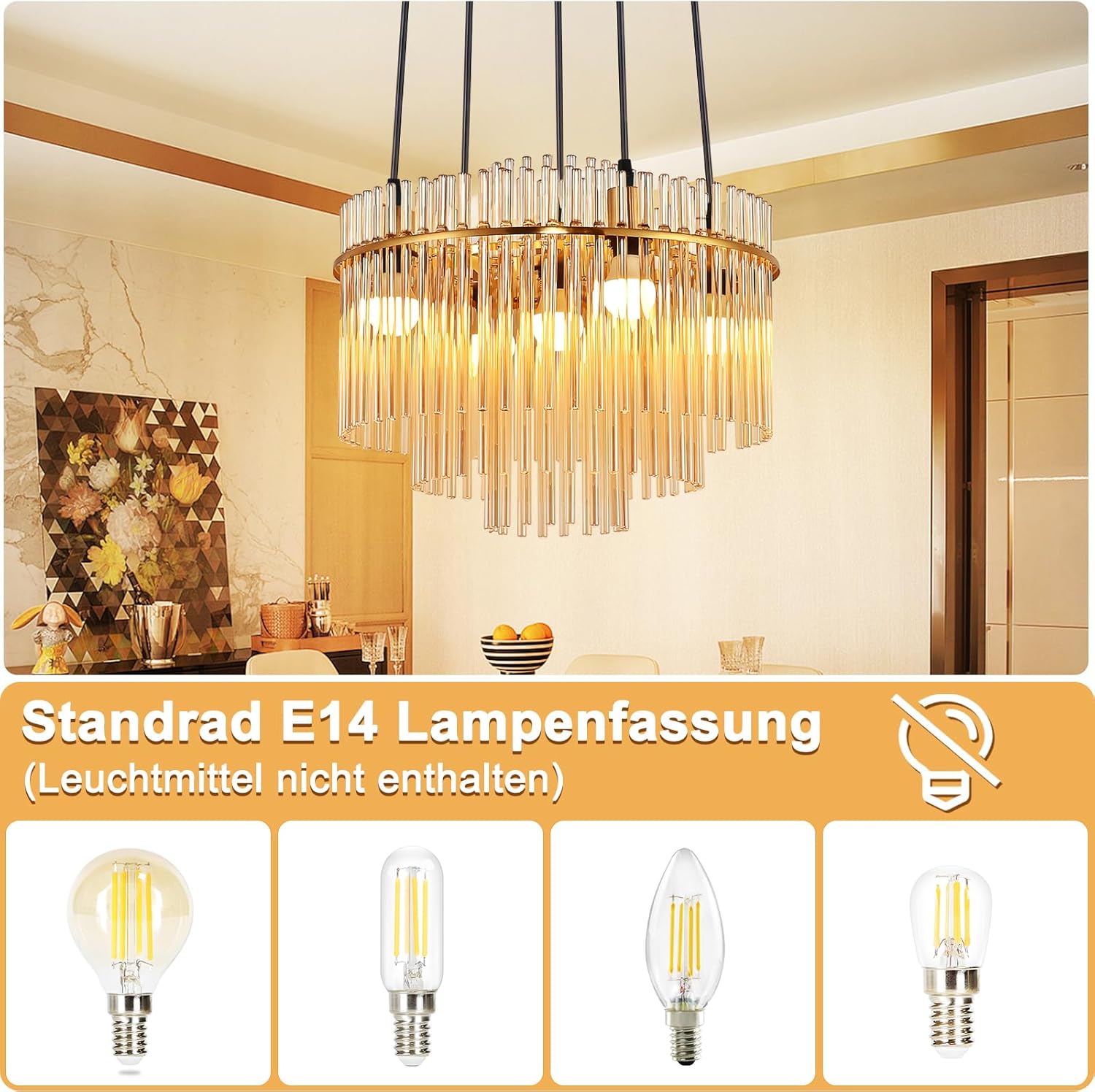 ZMH Lampa wisząca Vintage E27 z 5 żarówkami, ze złotego szkła (żarówka nie jest dołączona) - 3