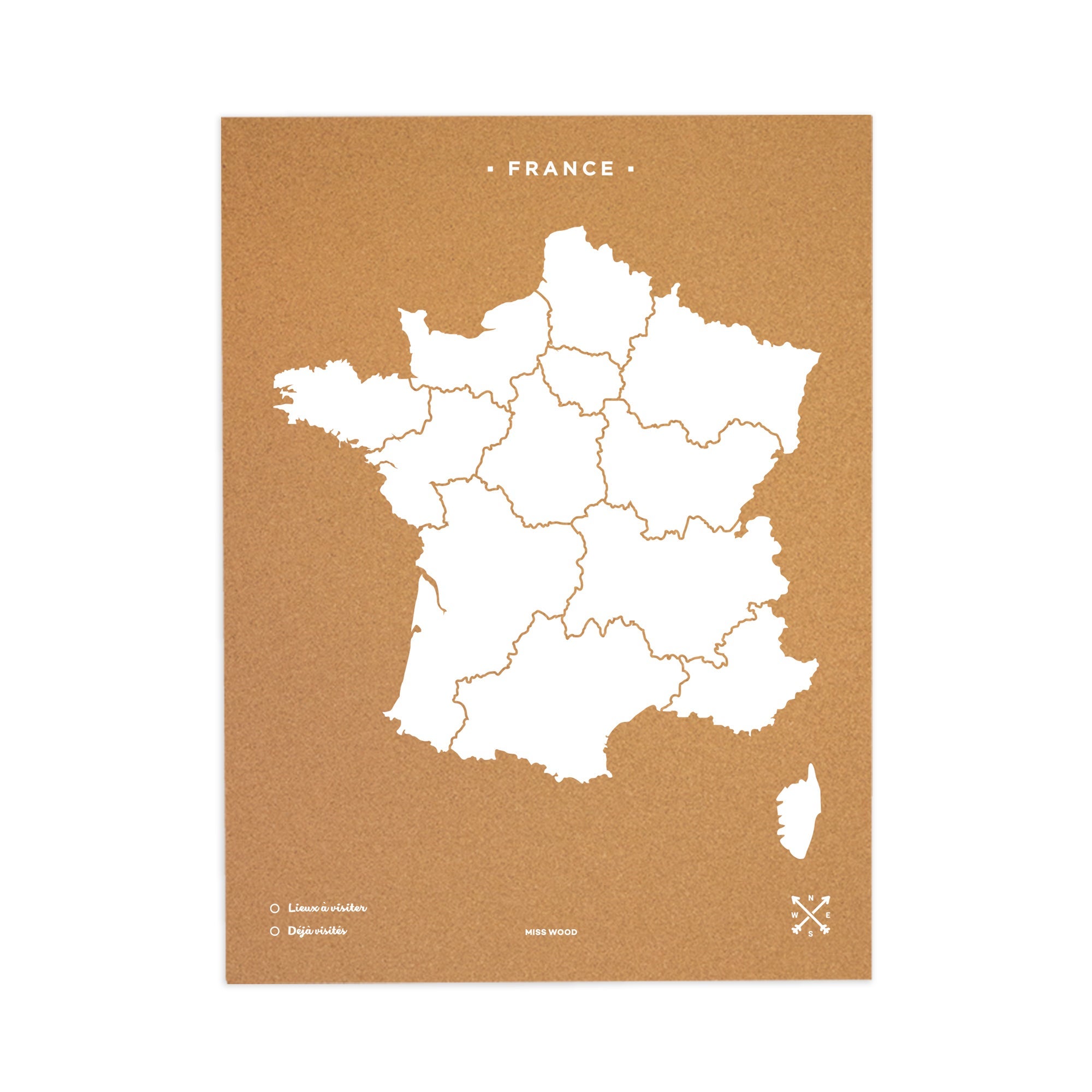 Mapa de corcho - woody map natural francia / 90 x 60 cm / blanco / sin marco