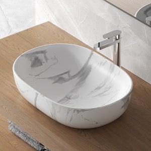 Lavabo Da Appoggio Ovale In Ceramica Bianco Lucido 59x38,3x19,2 Cm - Design Moderno Con Troppopieno, Effetto Loto - Foto 10