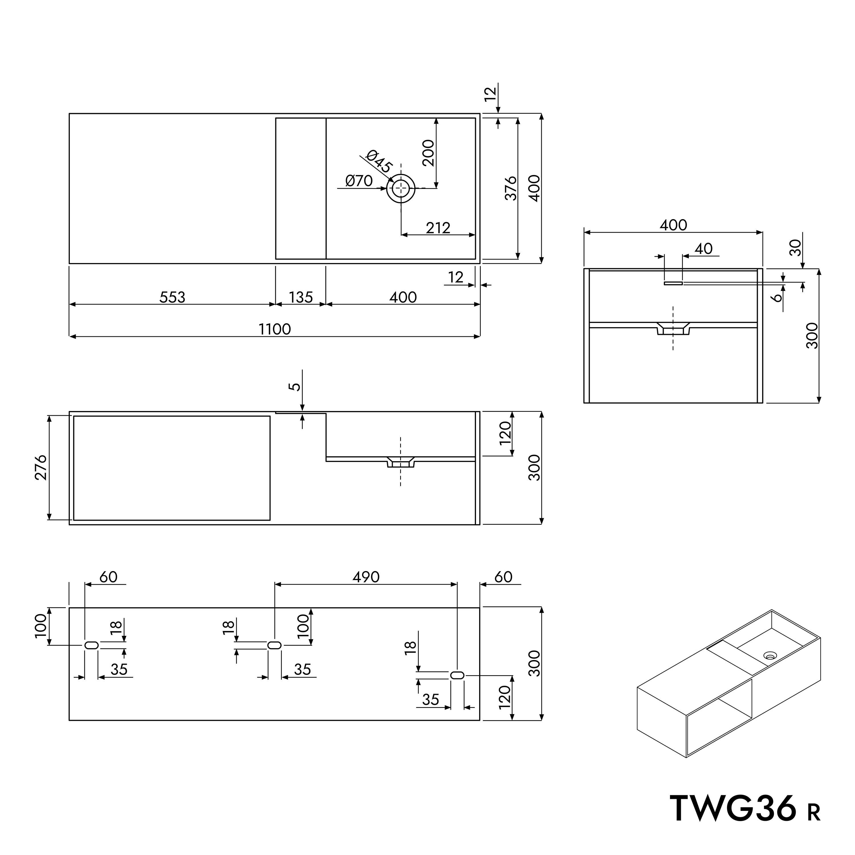 Bernstein Umywalka ścienna z półką TWG36 odlew mineralny 110x40x30 - biały mat - 2