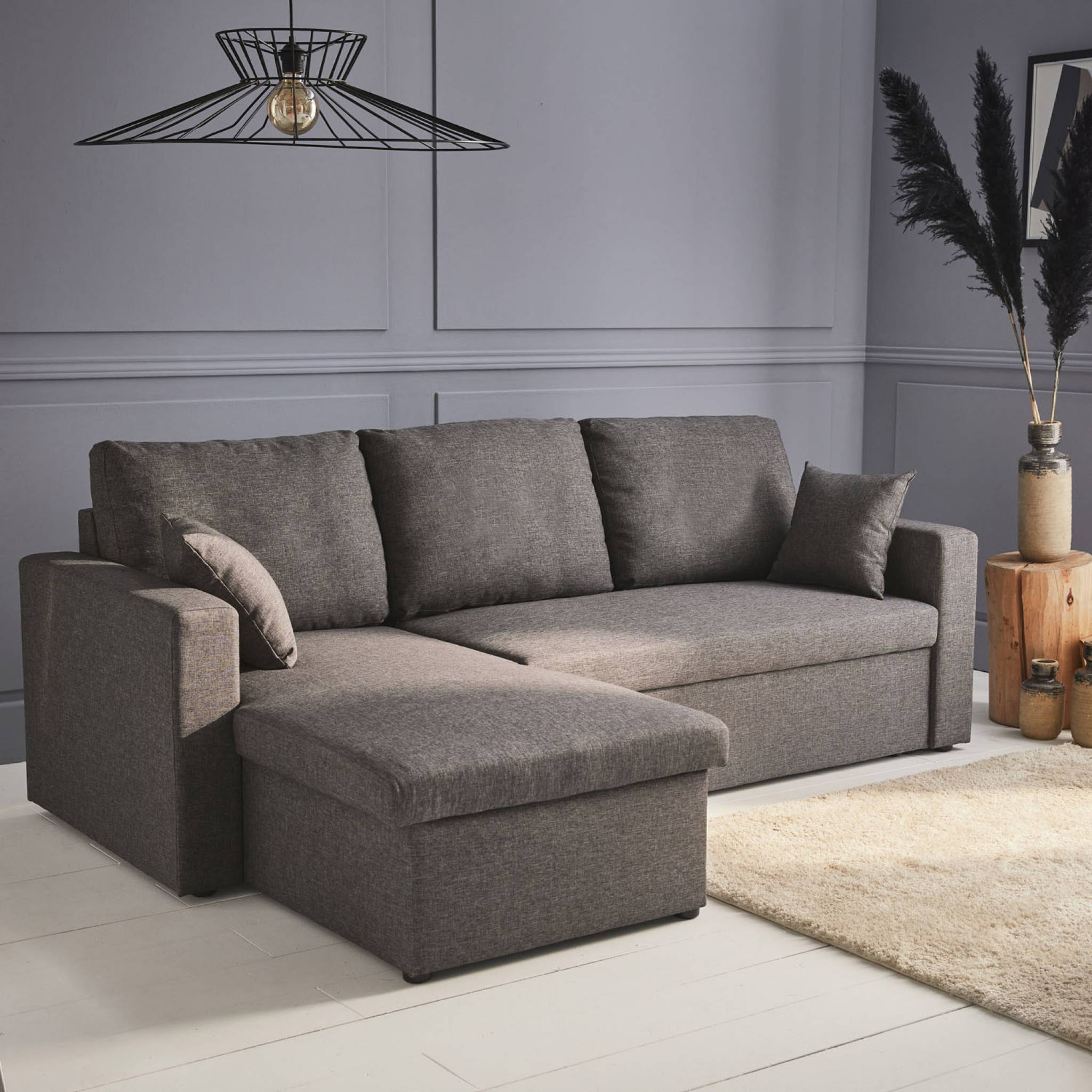 Canapé d'angle convertible en tissu gris chiné foncé - IDA - 3 places. fauteuil d'angle réversible coffre rangement lit - 2