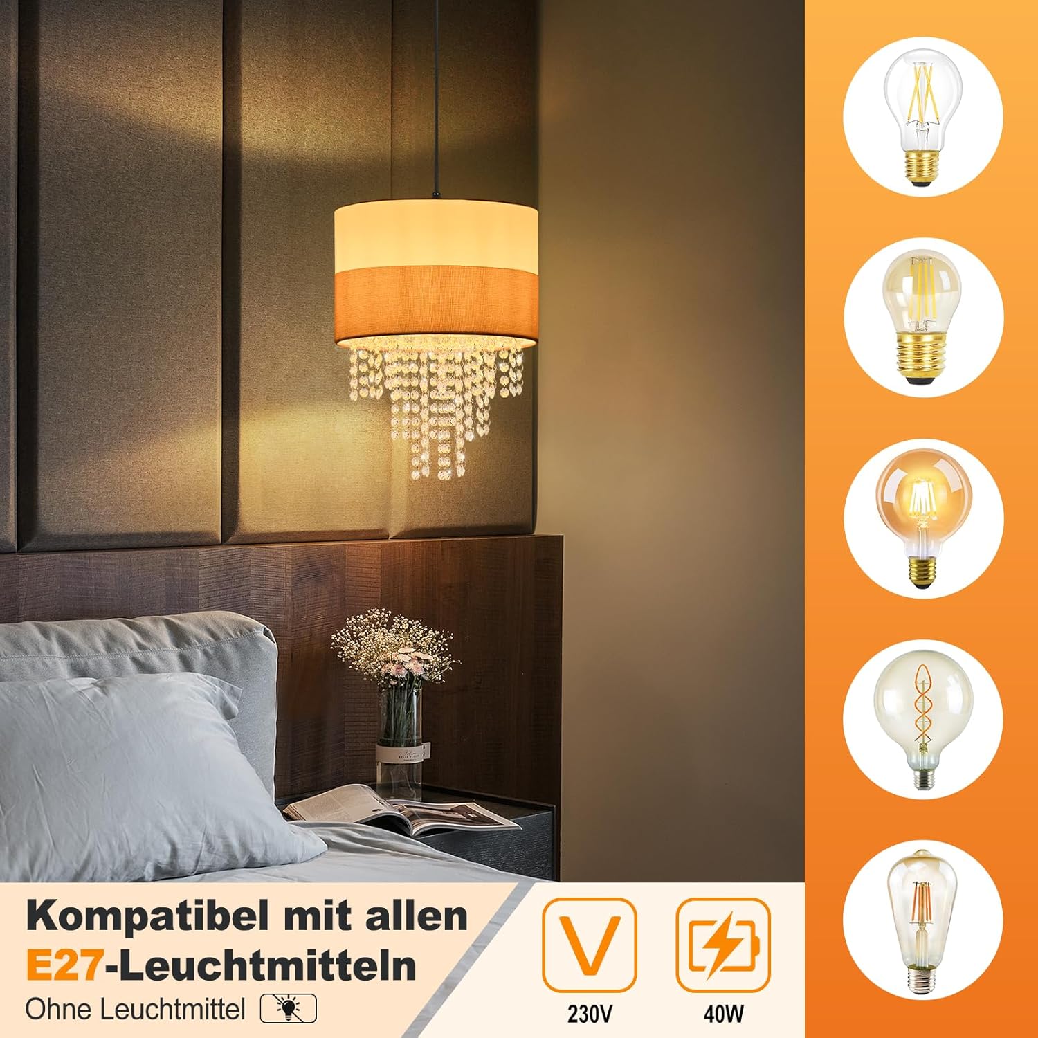 ZMH Lampa wisząca E27 biała vintage kryształowa bez żarówki - 2