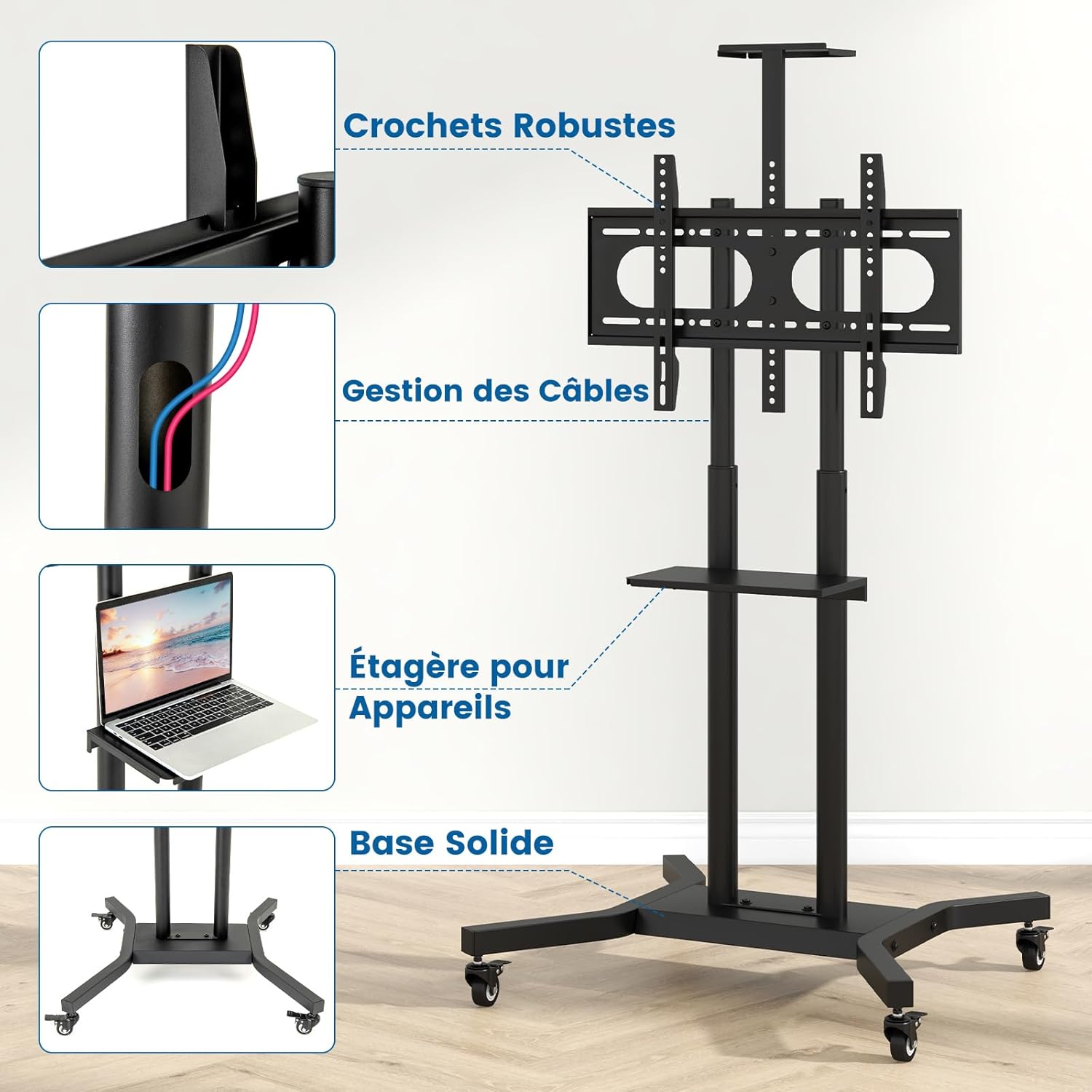 Support TV à roulettes, Support TV sur Pieds en Hauteur Réglable pour Écrans Plats Incurvés 81 à 178cm, Chariot TV Base en H - 6