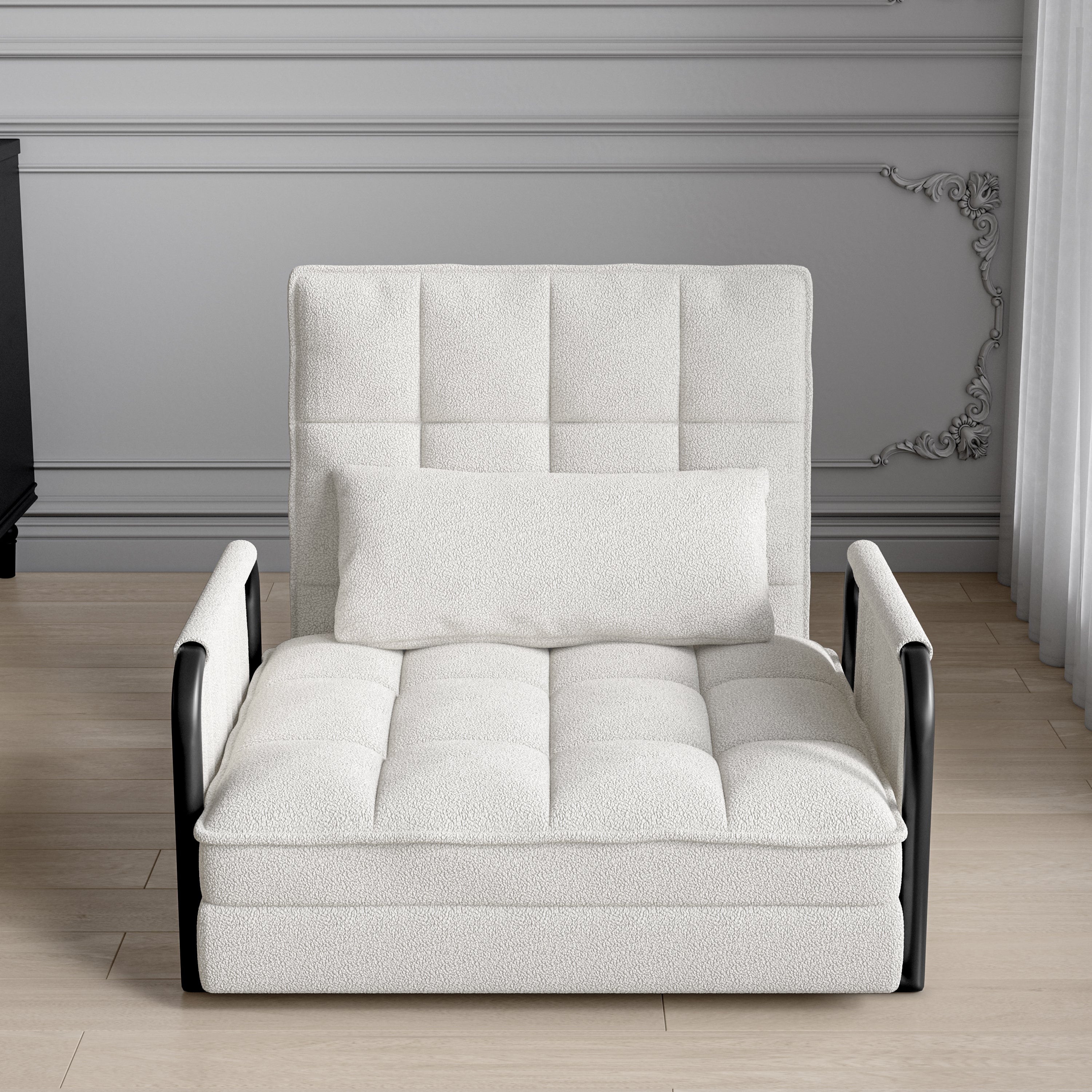 Fauteuil Convertible 1 place - Canapé-Lit 5 Positions Ajustables - en Chenille - Finitions en Laine d'Agneau - Blanc - 2