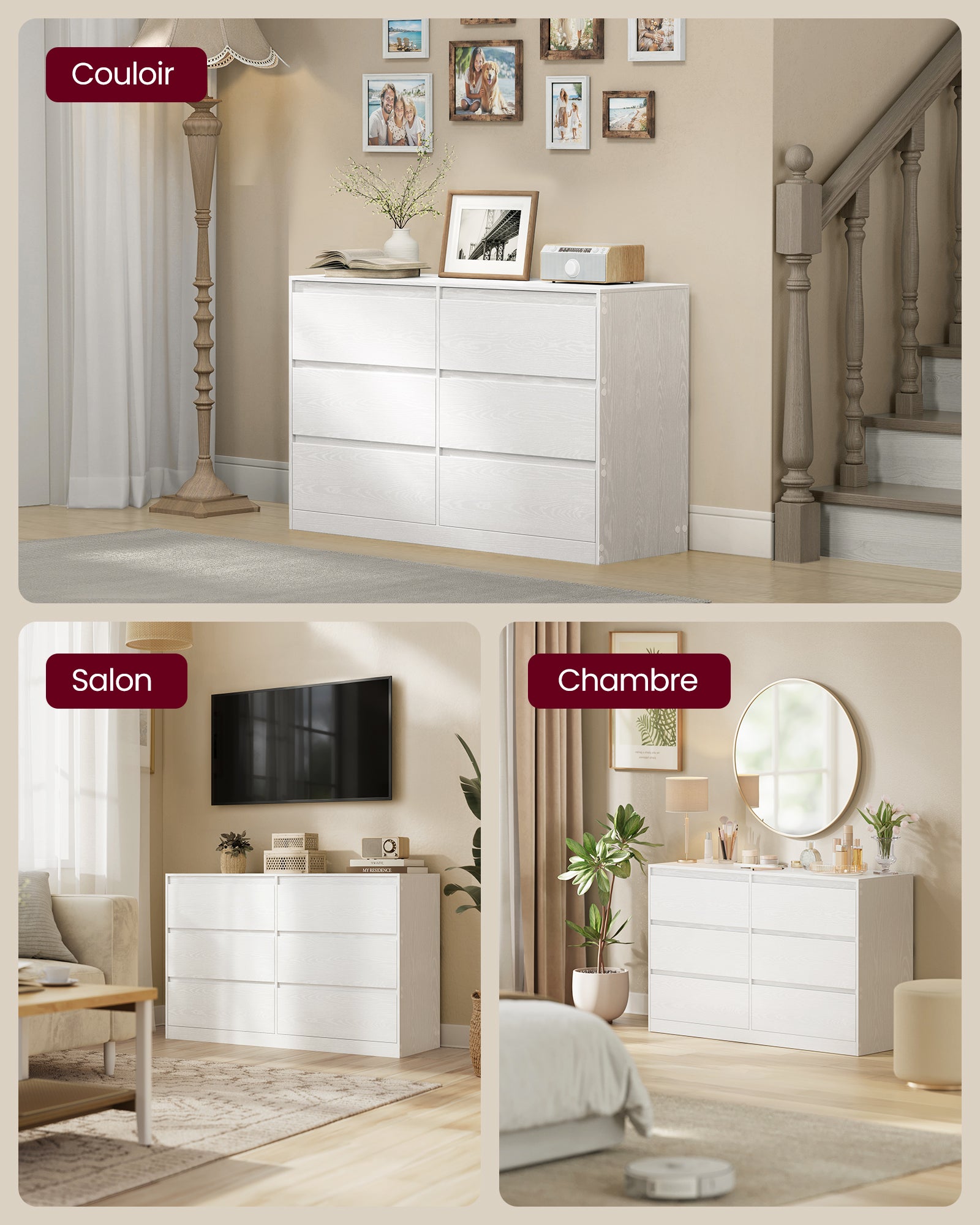 Commode Chambre 6 Tiroirs, Armoire de Rangement, Meuble à Vêtements, 40 x 119,4 x 75 cm, Style Moderne, Blanc Neige - 6