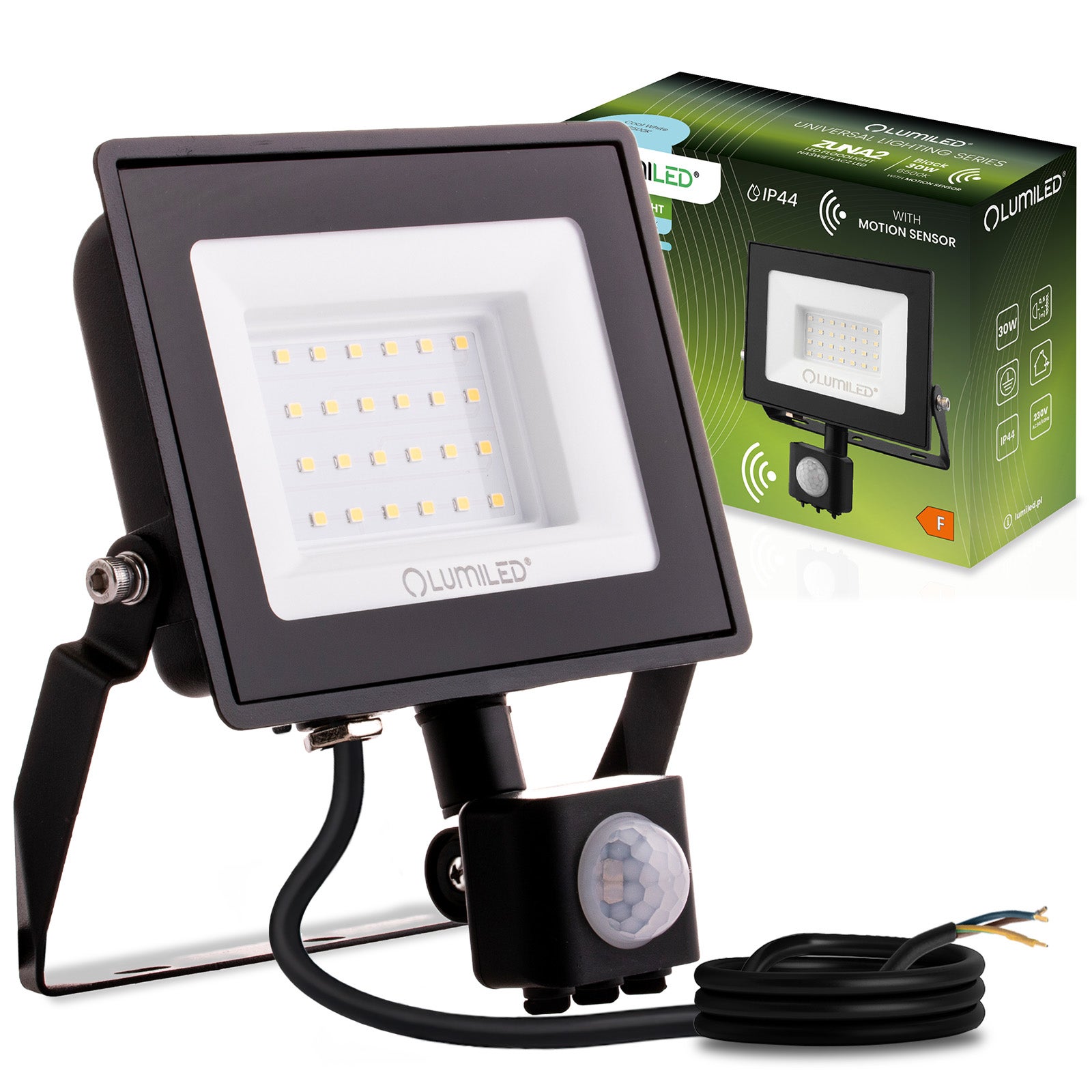 Naświetlacz LED Lumiled 30W 2700lm 6500K Zimna biel IP44 Czarny Czujnik Ruchu 1 szt.