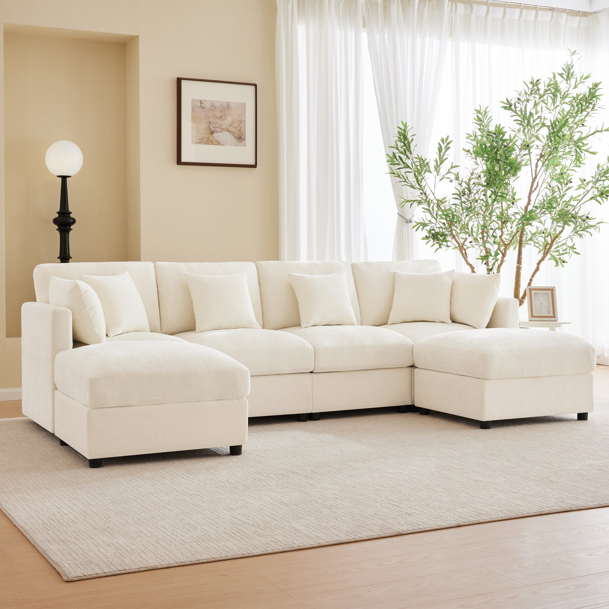 Canapé Modulable 284x156,5x86 cm - Tissu Chenille - Accoudoirs Réglables 3 Positions (90°/120°/180°) - Avec 2 Ottomans et 6 Coussins - Beige - 5
