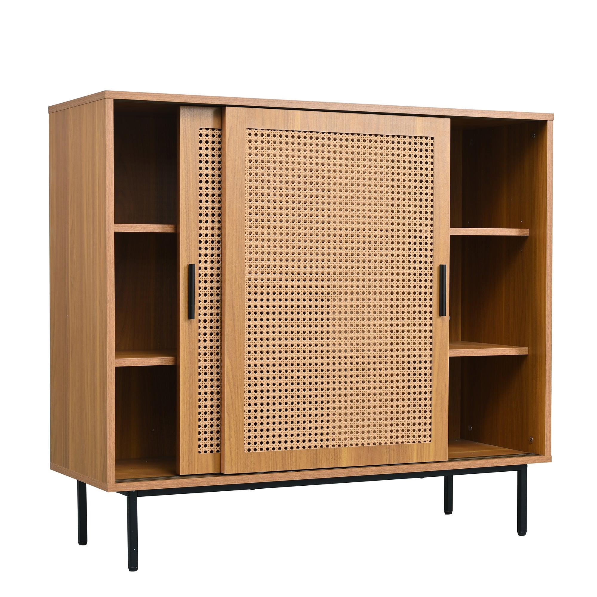 Buffet bas - avec 2 portes coulissantes et étagères réglables - Naturel - 8