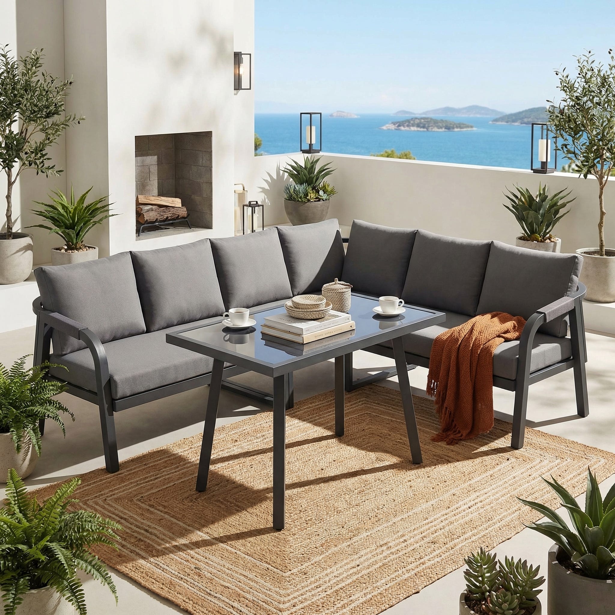 Salon de Jardin d'Angle 6 Places - Canapé d'Angle + Table Verre Trempé ...