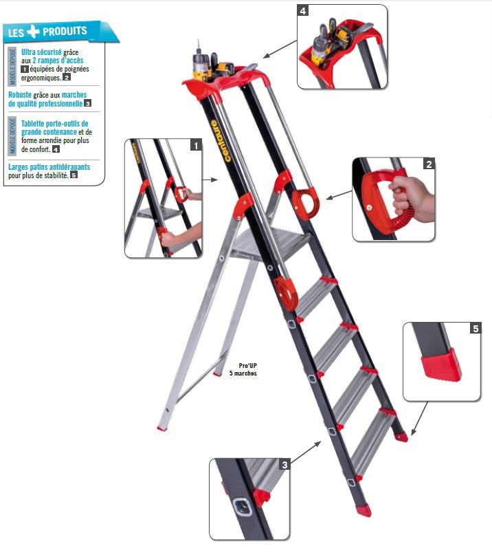 Escabeau 5 marches Centaure Pro'UP, marchepied en aluminium pliable, sécurisé avec rampes, plateforme 99cm, hauteur de travail max 3m, garantie 5 ans - 2