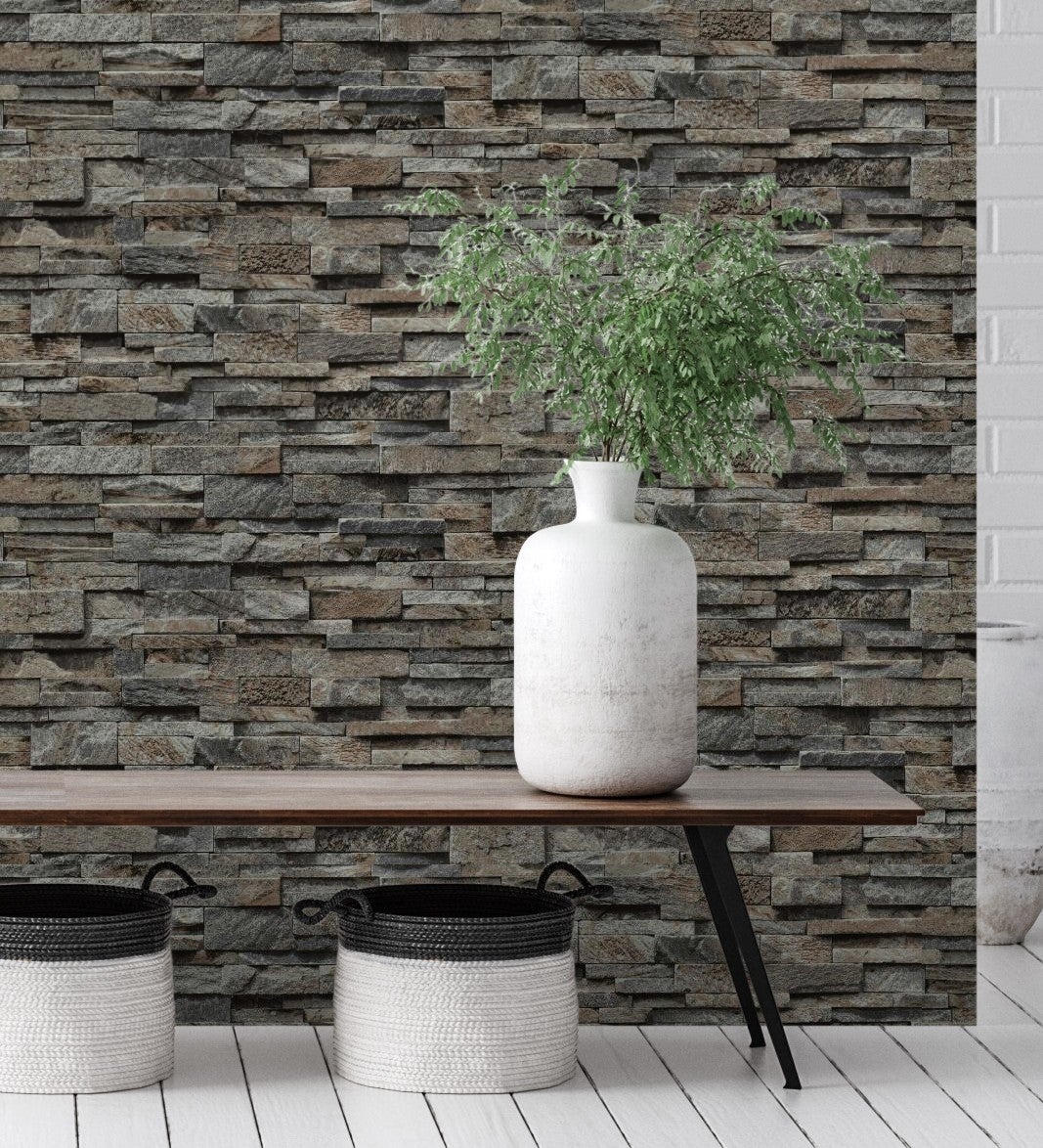 Papel pintado vinílico lavable efecto imitación muro piedra pizarra con textura en relieve - austin stone 127672 de gaulan - rollo de 10 m x 0,53 m