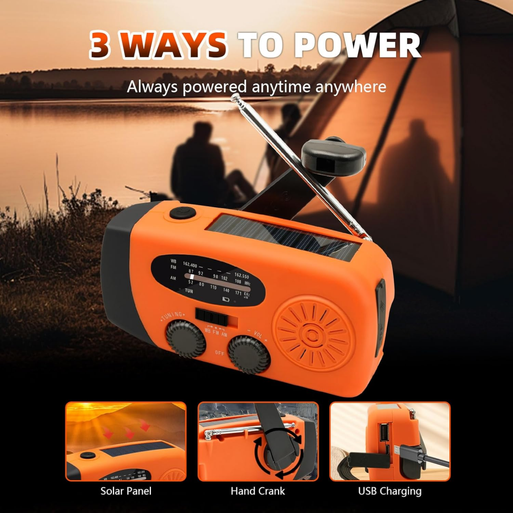 Przenośne radio awaryjne – Power Bank 2000 mAh – Radio awaryjne zasilane bateryjnie (ładowalne) – Na kemping i na wypadek klęsk żywiołowych – Pomarańc - 7