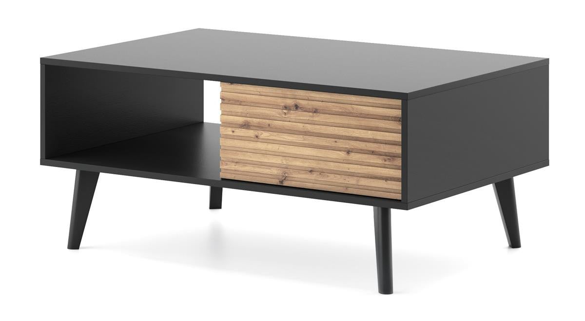Stolik kawowy WILLOW L104 czarny/dąb artisan – ława loftowa z szufladami i systemem PUSH-TO-OPEN