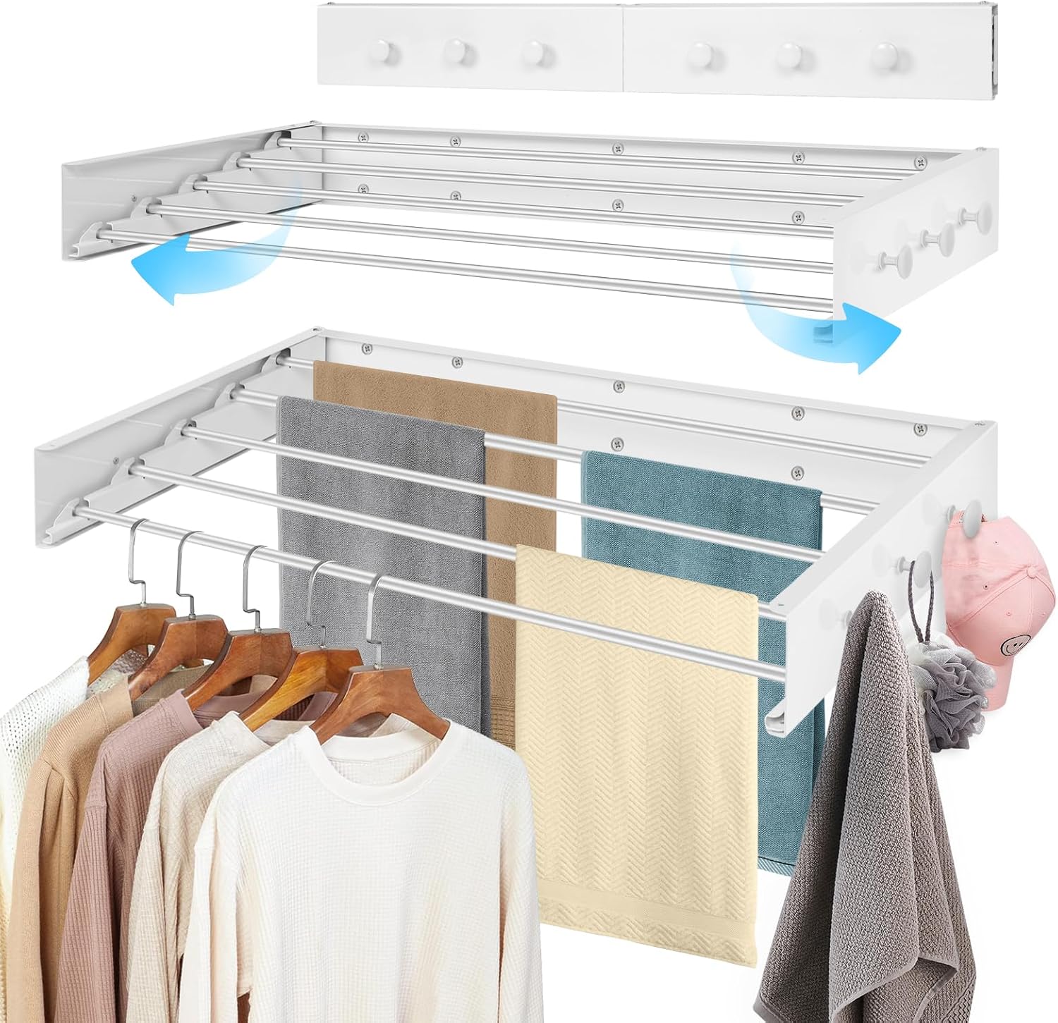 Suszarka ścienna rozsuwana o długości 100 cm z 6 wieszakami na ręczniki, do użytku wewnątrz i na zewnątrz, biała