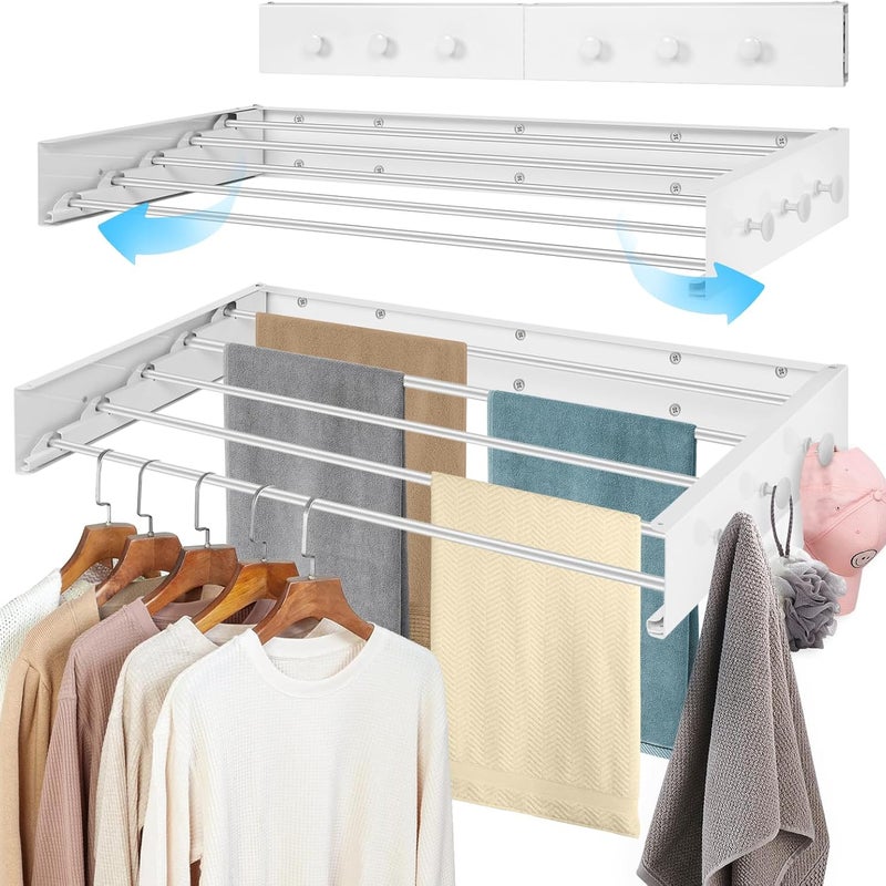 Suszarka ścienna rozsuwana o długości 100 cm z 6 wieszakami na ręczniki, do użytku wewnątrz i na zewnątrz, biała