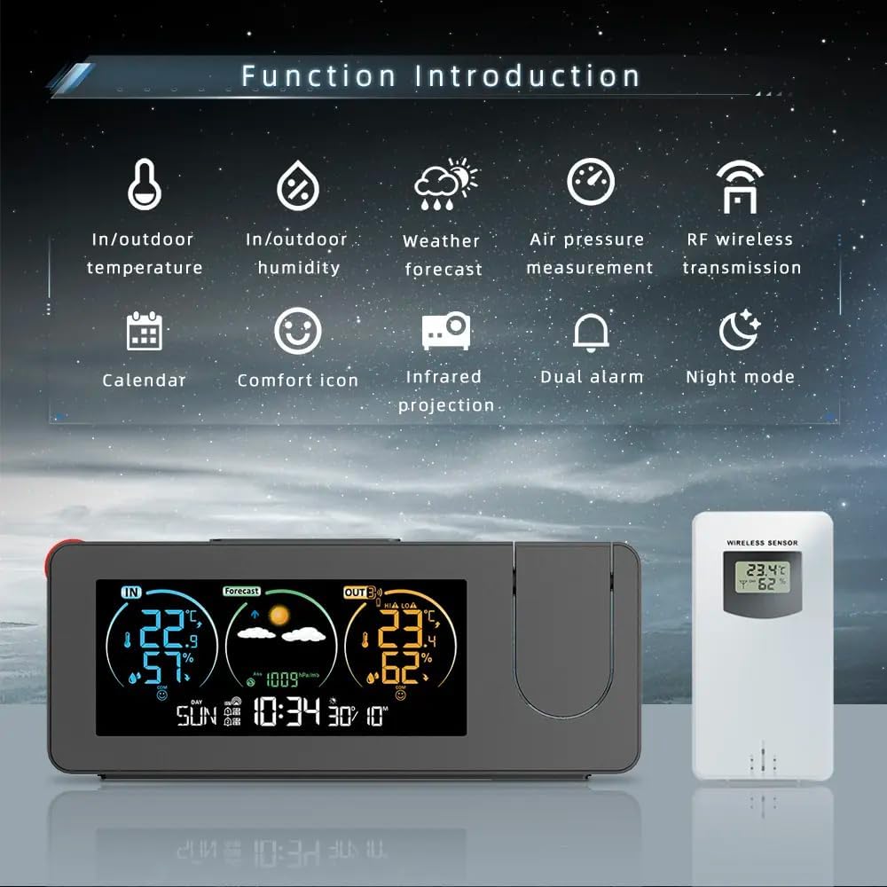 Réveil à Projection, Moniteur météo sans Fil, Station météo avec capteur extérieur, Température et humidité, prévisions météorologiques - 2