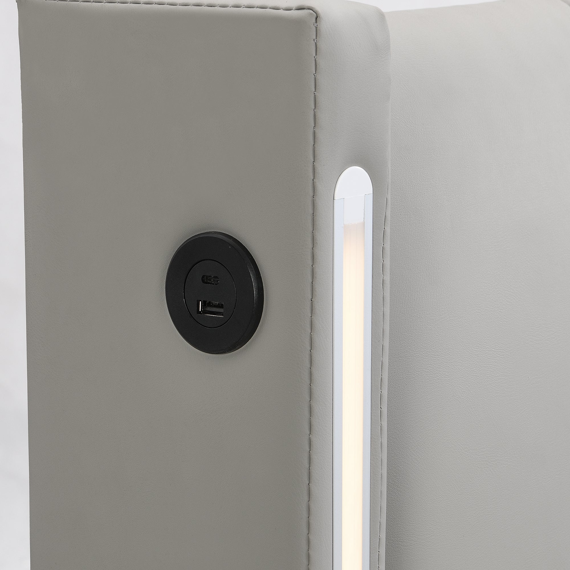 Cama contenedor tapizada en piel sintética - 160x200 cm - con puerto USB y LED - cabecero de ángulo ajustable - Gris - 8