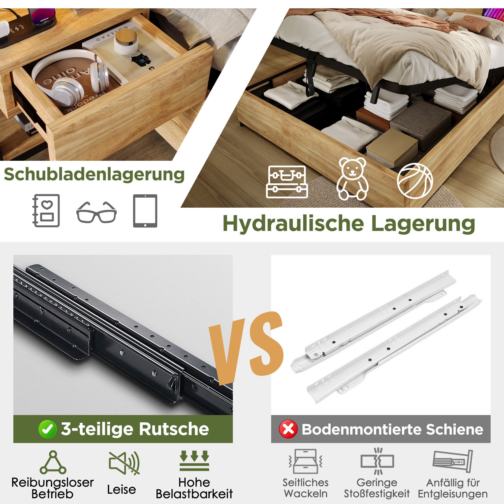 Lit 160x200 avec sommier à Lattes et hydraulique, Lit Coffre avec tiroirs et USB TypeC, Cadre de Chêne (Sans Matelas) - 7