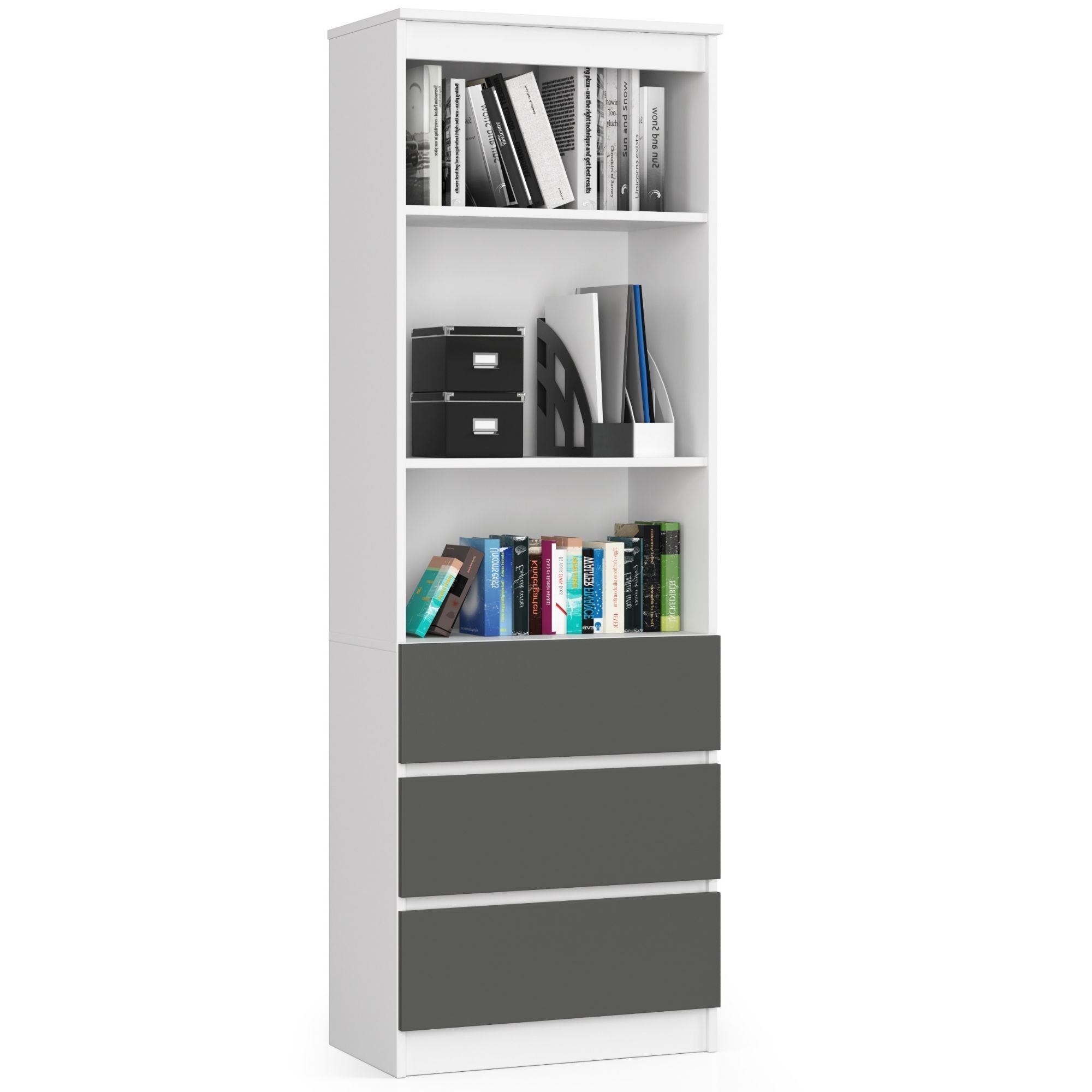 Regał AKORD R60 Biały 60 cm 3 szuflady kolor Grafit Szary mat 3 półki 60x35x180 cm